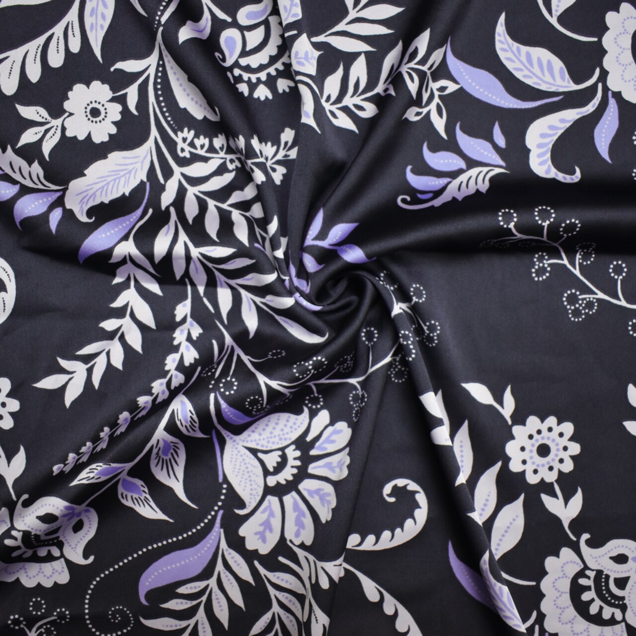Deep Navy-Purple-Multi Polyester Floral Printed Charmeuse Woven Fabric By the Yard